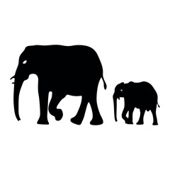 Fototapeta premium Silhouette of elephant with her baby. Silhouette of elephants. Elephant shadow hand drawn. Animal Elephant Silhouette
