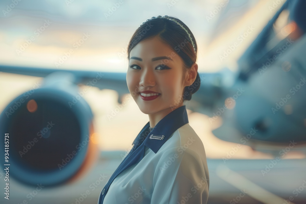 Poster a flight attendant stands confidently by an airplane, smiling as the sun sets, creating a warm atmos