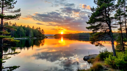Obraz premium A scenic view of a calm lake surrounded by pine trees at sunset