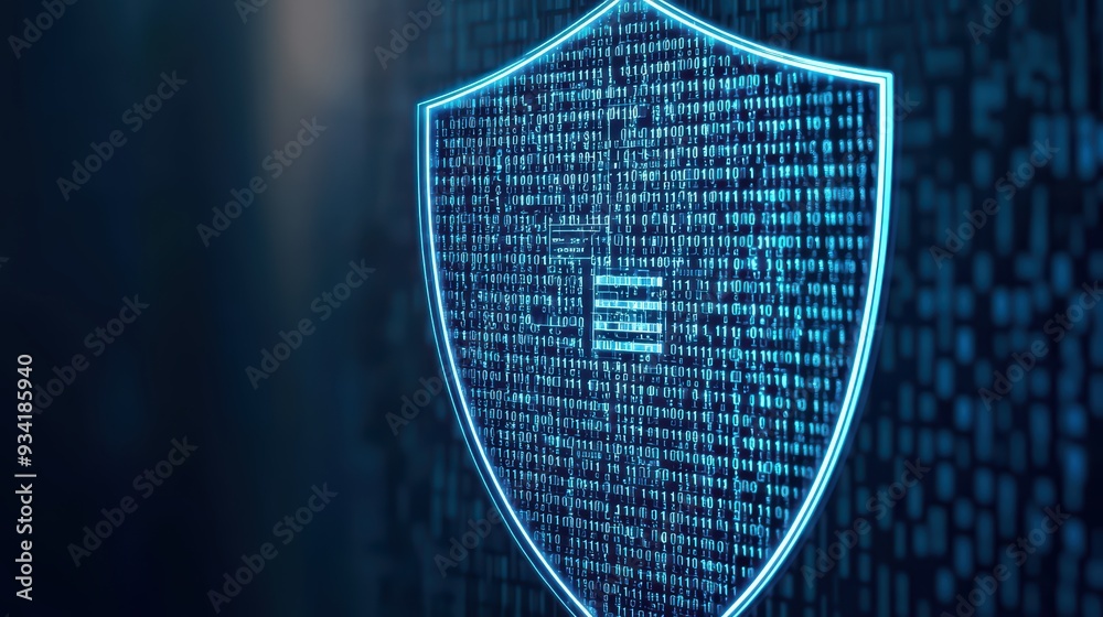 Poster futuristic digital shield symbolizing cybersecurity with binary code background, representing data p