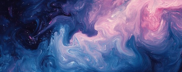 Abstract fluid art painting with swirling pink and blue colors