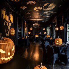Eerie Halloween with Pumpkins and Haunting Silhouettes in Dark Moody Atmosphere
