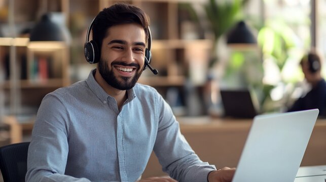 Happy Indian call center agent wearing headset talking to client working in customer support office. Professional contract service telemarketing operator using laptop having conversation.
