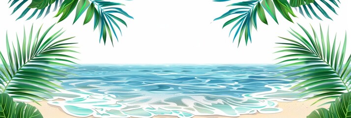 Fototapeta premium Idyllic beach with ocean waves and palm leaves on white background, ideal for creative projects