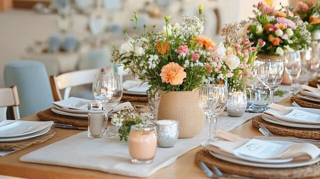 Wedding reception table setting decorated with flower arrangement