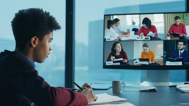 Focused student attending online class using computer at home