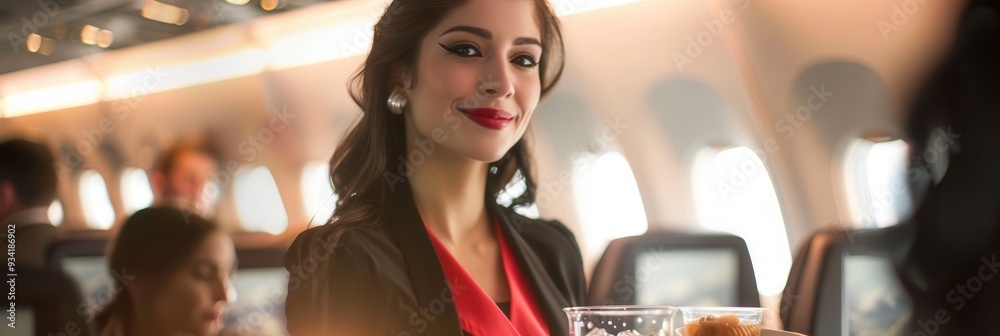Poster a flight attendant gracefully serves beverages and snacks to passengers in the airplane cabin while 