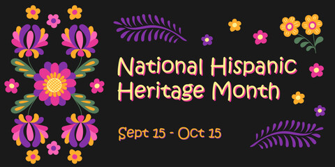 National Hispanic heritage month banner with fantasy flowers. Vector flyer with floral mirror composition, captivating bloom ornament showcasing rich culture and contributions of Hispanic communities