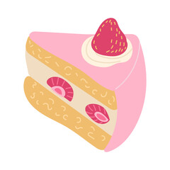 Piece of strawberry biscuit with whipped cream in flat style. Vector flat birthday illustrations isolated on white background. Good for decoration, sticker and logo. Birthday concept