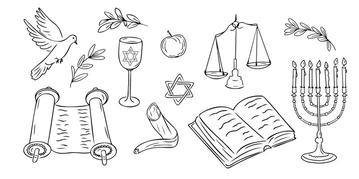 Yom Kippur holiday doodle set. Monochrome vector contour stickers with shofar, menorah and Torah book and scroll isolated oh white background. Sketchy drawing of items related to Jewish holiday - Powered by Adobe