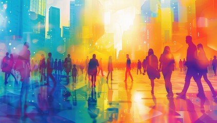 Obraz premium A vibrant cityscape with people walking, abstract forms of buildings and skyscrapers in the background, a mix of bright colors Generative AI