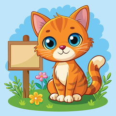 a cartoon cat with blue eyes and a sign that says