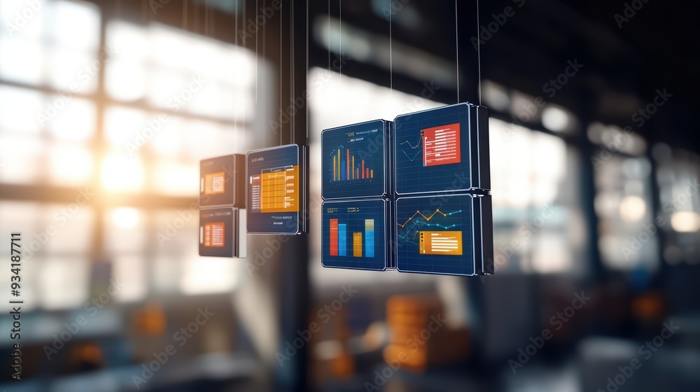 Poster modern digital data display with graphs and charts in a stylish office setting, showcasing analytics