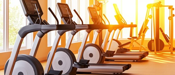 Modern fitness gym with exercise equipment illuminated by sunlight, promoting a healthy lifestyle and workout motivation.