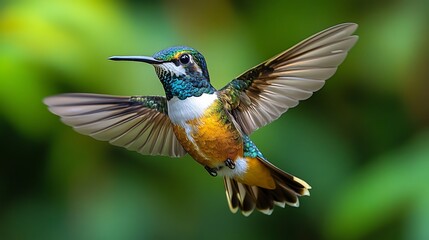 Fototapeta premium A vibrant hummingbird with green, blue, white, orange, and brown plumage in mid-flight against a blurred green background.
