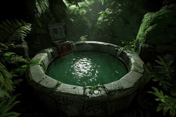 Fototapeta premium Mystical stone well surrounded by lush greenery, featuring calm water in a serene jungle environment.