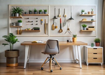 Organized workspace with a desk, chair, and pegboard adorned with tools and accessories, set against a neutral background in a modern home office.