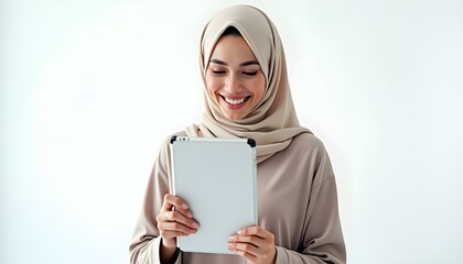 Muslim woman wearing a hijab looking at a white screen tablet with a beautiful smiling expression on a white photo studio background, Muslim girl front view