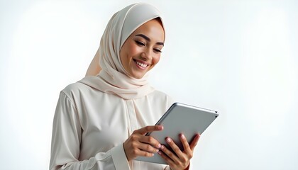 Muslim woman wearing a hijab looking at a white screen tablet with a beautiful smiling expression on a white photo studio background, Muslim girl front view