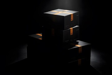 Black Gift Boxes with Orange Ribbon on Black Background