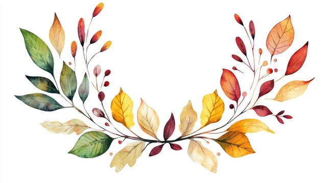 Watercolor circular frame for autumn Hand drawn circle border featuring a vibrant illustration of green yellow and red leaves Elegant floral wreath and botanical decorative frame