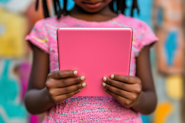 A young student engages with a digital tablet while exploring creative learning in an artistic environment