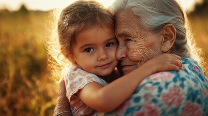 A young girl hugs her grandmother in a sunlit field during golden hour