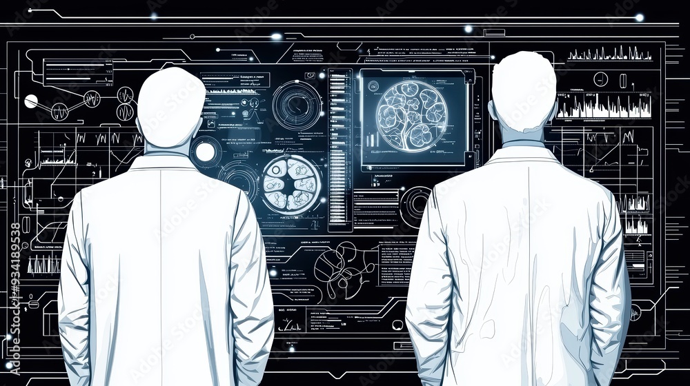 Poster two scientists observe advanced technology, analyzing data on a display, representing innovation in 