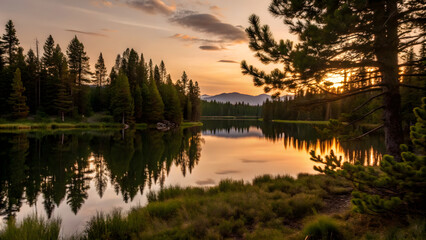 A scenic view of a calm lake surrounded by pine trees at sunset