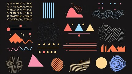 Obraz premium Geometric shapes and design elements in a flat black layout, including zigzags, waves, circles, and points. Ideal for cover design overlays and business cards.