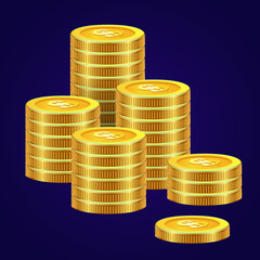 Realistic golden coins on blue gradient background