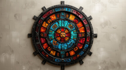 Obraz premium Intricately detailed ancient Mayan calendar stone with vibrant colored symbols on a textured wall. Concepts of historical artifacts, ancient cultures, and archeological studies.