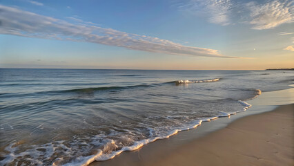 Fototapeta premium A tranquil beach scene with gentle waves and a clear blue sky