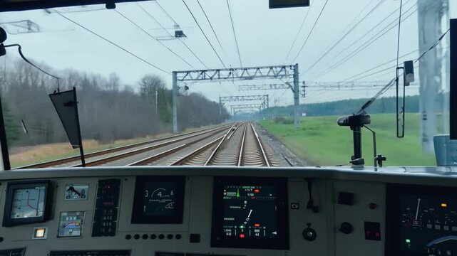 Train driving through countryside - view from drivers cabin