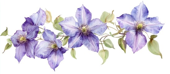 Purple flower bouquet on a white background featuring a botanical watercolor illustration of clematis