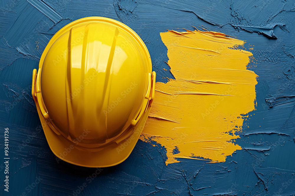 Wall mural Yellow safety helmet on a minimalist industrial background, suitable for labor day celebration or construction work