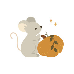 vector illustration of a cute mouse with pumpkin, autumn and halloween theme
