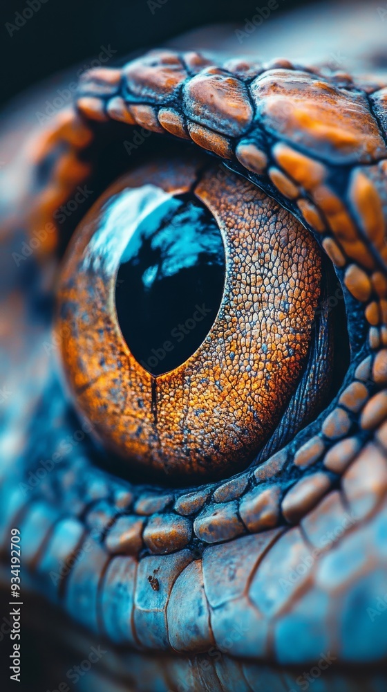 Poster close-up of a reptile's eye with textured scales, detailed macro shot. nature and wildlife concept