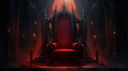 A red throne is in a dark room with candles. The room is decorated with red and black colors