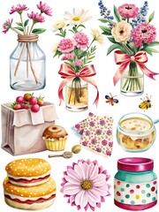 Vintage-Inspired Watercolor Floral and Baking Elements for Crafting and Decor