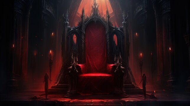 A red throne is in a dark room with candles. The room is decorated with red and black colors