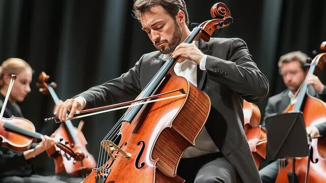 Cellist performing with symphony orchestra on stage