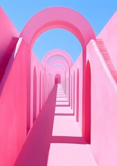 Pink Archway Corridor with Stairs and Shadows