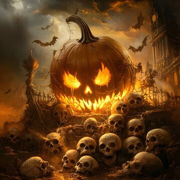 Ghastly Pumpkin Entity Amidst a Gathering of Foreboding Skulls in a Visually Striking Rococo Tableau