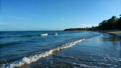 A tranquil beach scene with gentle waves and a clear blue sky