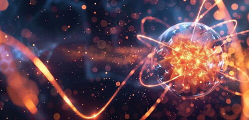 Glowing particle sphere with dynamic lines of energy against a dark, cosmic background. Concepts include energy, science, and futuristic technology.