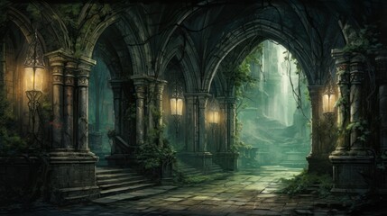 Gothic archway, flickering lanterns, winding path