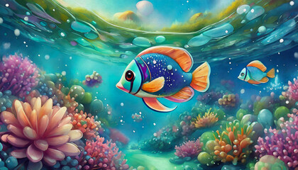 OIL PAINTING STYLE CARTOON ILLUSTRATION fish, underwater, coral, sea, reef, ocean, tropical, water,