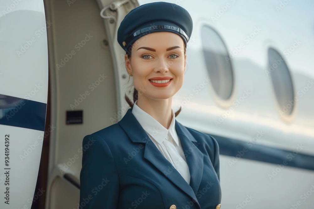 Poster a friendly flight attendant stands at the door of an aircraft, ready to welcome passengers onto the 