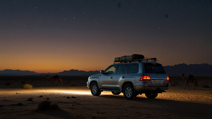 Fototapeta premium jeep and camel in the desert